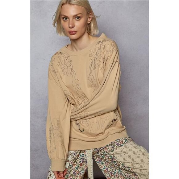 POL Round Neck French Terry Sweatshirt with Cutout Detail - Picture 1 of 4